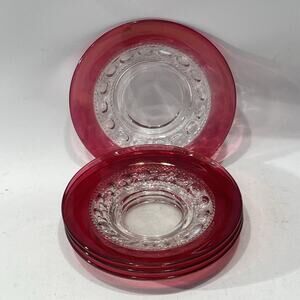 4 SAUCERS KINGS CROWN THUMPRINT CRANBERRY VINTAGE 6"